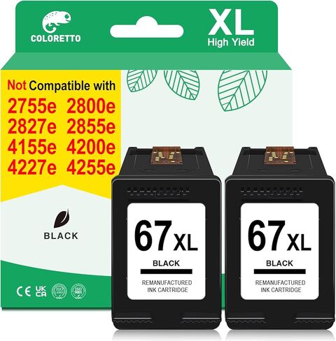 خراطيش حبر COLORETTO 67XL لـ HP Deskjet 4255e 4155e 4152e 4133e 4100 2855e 2800e 2755e Envy 6052 6055e 6400 6452e 6455e 6458e كبديل لـ HP 67XL 67 XL (1 أسود، 1 لون). حزمة in Kuwait