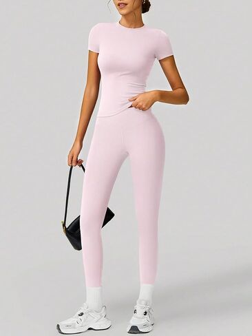 Women's 2 Piece Seamless Workout Set - Short Sleeve Top & High Waist Scrunch Butt Leggings,Activewear for Yoga,Gym&Daily Wear in Saudi Arabia