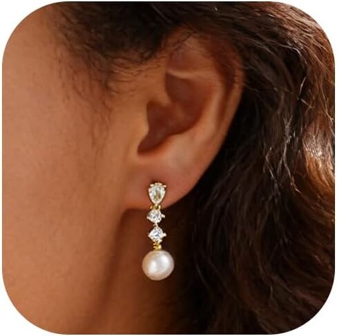 أقراط اللؤلؤ للنساء أقراط متدلية من اللؤلؤ الماسي اللذيذ 14 قيراط مطلية بالذهب أقراط متدلية للنساء هدايا حفلات الزفاف هدايا وصيفة العروس in Kuwait