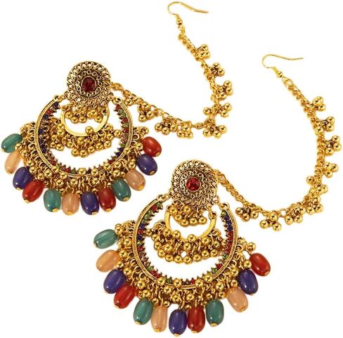 Colorful Beaded Indian Earrings for Women Gold-Tone Plated Cubic Zirconia Boho Tassel Dangle Earring Drop Chandelier Traditional Ethnic Gypsy Jewelry Bollywood Party Jhumka Festival Wedding Hair Accessory in Saudi Arabia