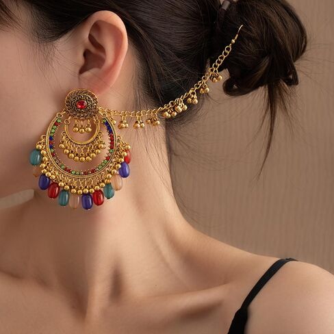 Colorful Beaded Indian Earrings for Women Gold-Tone Plated Cubic Zirconia Boho Tassel Dangle Earring Drop Chandelier Traditional Ethnic Gypsy Jewelry Bollywood Party Jhumka Festival Wedding Hair Accessory in Saudi Arabia