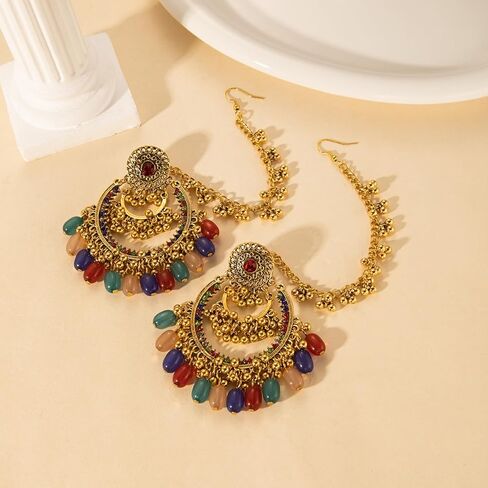 Colorful Beaded Indian Earrings for Women Gold-Tone Plated Cubic Zirconia Boho Tassel Dangle Earring Drop Chandelier Traditional Ethnic Gypsy Jewelry Bollywood Party Jhumka Festival Wedding Hair Accessory in Saudi Arabia