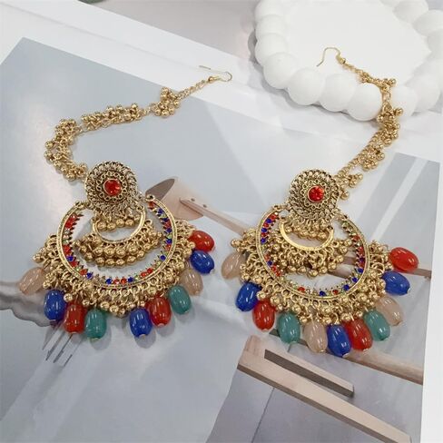 Colorful Beaded Indian Earrings for Women Gold-Tone Plated Cubic Zirconia Boho Tassel Dangle Earring Drop Chandelier Traditional Ethnic Gypsy Jewelry Bollywood Party Jhumka Festival Wedding Hair Accessory in Saudi Arabia