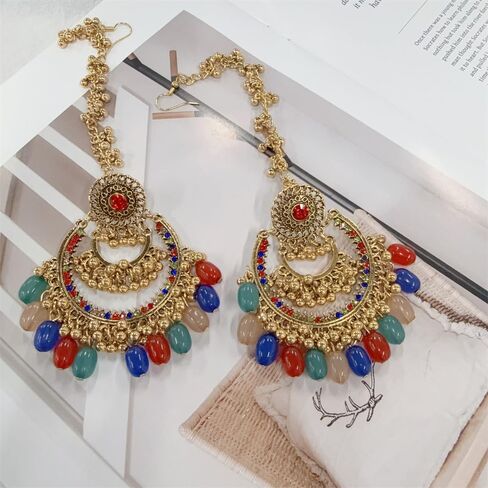Colorful Beaded Indian Earrings for Women Gold-Tone Plated Cubic Zirconia Boho Tassel Dangle Earring Drop Chandelier Traditional Ethnic Gypsy Jewelry Bollywood Party Jhumka Festival Wedding Hair Accessory in Saudi Arabia