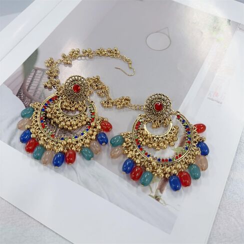 Colorful Beaded Indian Earrings for Women Gold-Tone Plated Cubic Zirconia Boho Tassel Dangle Earring Drop Chandelier Traditional Ethnic Gypsy Jewelry Bollywood Party Jhumka Festival Wedding Hair Accessory in Saudi Arabia
