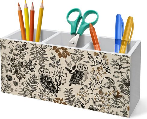 Vintage Boho Owl Floral Pen Holder for Desk Decoration, Neutral Farmhouse Botanical Wooden Box Sign Pencil Holder Organizer for Home Office Desk Accessories, Owl Gifts for Women in Kuwait
