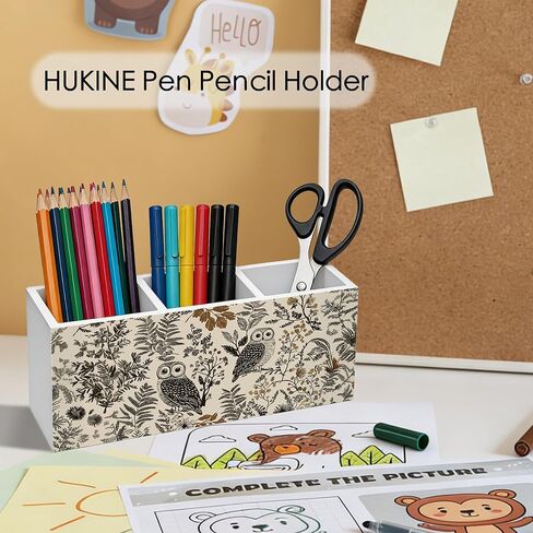 Vintage Boho Owl Floral Pen Holder for Desk Decoration, Neutral Farmhouse Botanical Wooden Box Sign Pencil Holder Organizer for Home Office Desk Accessories, Owl Gifts for Women in Kuwait