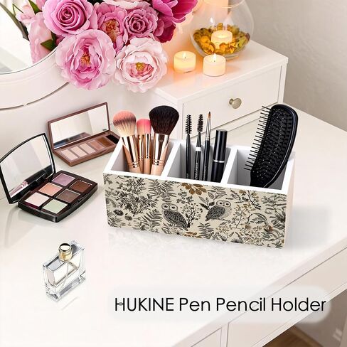 Vintage Boho Owl Floral Pen Holder for Desk Decoration, Neutral Farmhouse Botanical Wooden Box Sign Pencil Holder Organizer for Home Office Desk Accessories, Owl Gifts for Women in Kuwait