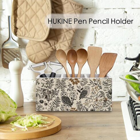 Vintage Boho Owl Floral Pen Holder for Desk Decoration, Neutral Farmhouse Botanical Wooden Box Sign Pencil Holder Organizer for Home Office Desk Accessories, Owl Gifts for Women in Kuwait