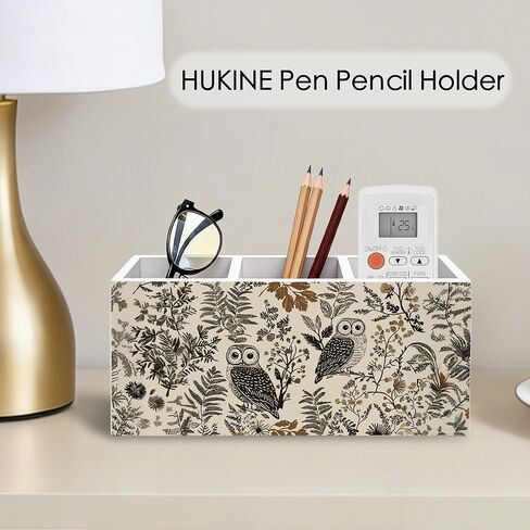Vintage Boho Owl Floral Pen Holder for Desk Decoration, Neutral Farmhouse Botanical Wooden Box Sign Pencil Holder Organizer for Home Office Desk Accessories, Owl Gifts for Women in Kuwait