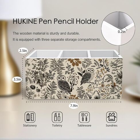 Vintage Boho Owl Floral Pen Holder for Desk Decoration, Neutral Farmhouse Botanical Wooden Box Sign Pencil Holder Organizer for Home Office Desk Accessories, Owl Gifts for Women in Kuwait