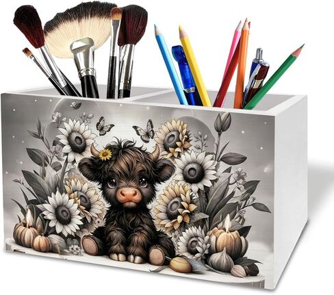 Sunflower Black Highland Cow Pen Holder for Desk, Highland Cow Gifts Wooden Box Sign Desk Decor for Home Office Decoration, Farmhouse Butterfly Floral Heifer Pencil Organizer in Saudi Arabia