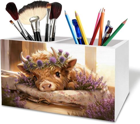 Sunflower Black Highland Cow Pen Holder for Desk, Highland Cow Gifts Wooden Box Sign Desk Decor for Home Office Decoration, Farmhouse Butterfly Floral Heifer Pencil Organizer in Kuwait