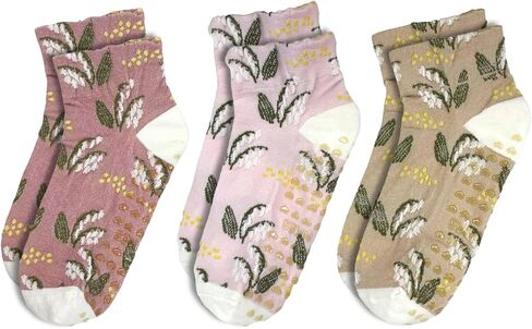 Cute Floral Jacquard Yoga Socks for Women – 3 Pairs Non Slip Grip Crew Socks for Pilates Barre & Daily Wear in Kuwait