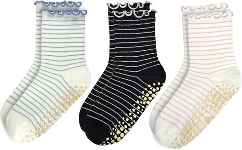Striped Yoga Socks for Women – 3 Pairs Non Slip Grip Pilates Barre Crew Socks, Cute Ruffle Style in Kuwait
