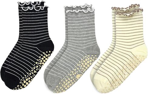 Striped Yoga Socks for Women – 3 Pairs Non Slip Grip Pilates Barre Crew Socks, Cute Ruffle Style in Saudi Arabia