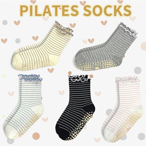 Striped Yoga Socks for Women – 3 Pairs Non Slip Grip Pilates Barre Crew Socks, Cute Ruffle Style in Saudi Arabia