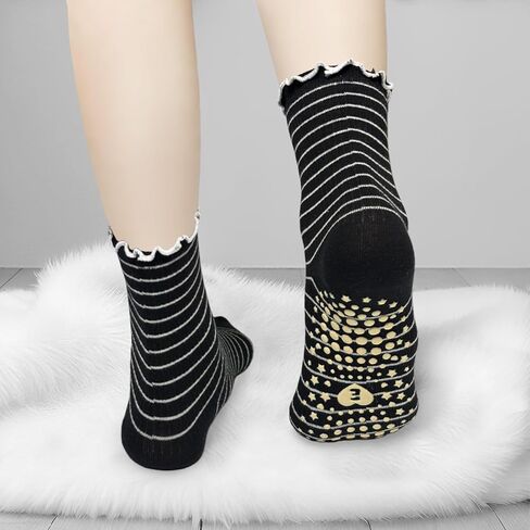 Striped Yoga Socks for Women – 3 Pairs Non Slip Grip Pilates Barre Crew Socks, Cute Ruffle Style in Saudi Arabia