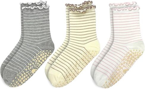 Striped Yoga Socks for Women – 3 Pairs Non Slip Grip Pilates Barre Crew Socks, Cute Ruffle Style in Saudi Arabia