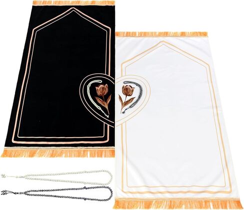 Tegeme 2 Pcs Muslim Couple Prayer Rug Set with 2 Pcs Delicate Prayer Beads Heart Rose Design Black White Soft Velvet Muslim Mat for Women Men Ramadan Eid Wedding Birthday Gifts in Saudi Arabia