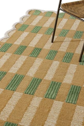 Checkered Hand-Tufted 100% Wool Area Rug - 5x7 Ft, Rectangular Light Blue Base with Mustard and Beige Blocks, Olive Green Scalloped Edge, Cotton Backing Plush Carpet for Bedroom & Nursery in Saudi Arabia