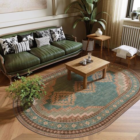 4x6 Oval Rug - Washable Ultra-Thin Living Room Rug Non-Slip Vintage Carpets - Soft & Stain Resistant Rug for Kitchen Bedroom Dining Room Living Room Light Brown Tan in Saudi Arabia