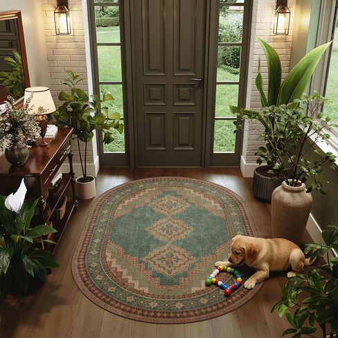 4x6 Oval Rug - Washable Ultra-Thin Living Room Rug Non-Slip Vintage Carpets - Soft & Stain Resistant Rug for Kitchen Bedroom Dining Room Living Room Light Brown Tan in Saudi Arabia