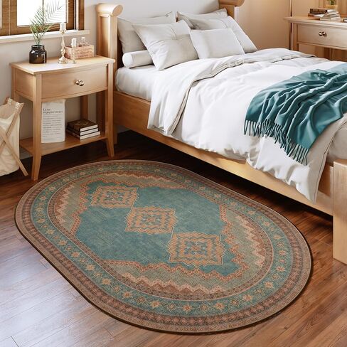 4x6 Oval Rug - Washable Ultra-Thin Living Room Rug Non-Slip Vintage Carpets - Soft & Stain Resistant Rug for Kitchen Bedroom Dining Room Living Room Light Brown Tan in Saudi Arabia
