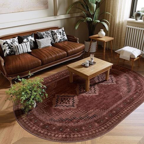 4x6 Oval Rug - Washable Ultra-Thin Living Room Rug Non-Slip Vintage Carpets - Soft & Stain Resistant Rug for Kitchen Bedroom Dining Room Living Room Light Brown Tan in Saudi Arabia