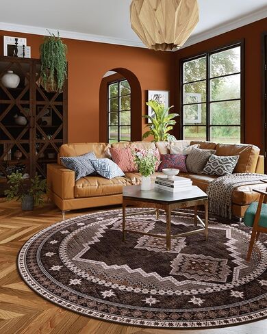 4x6 Oval Rug - Washable Ultra-Thin Living Room Rug Non-Slip Vintage Carpets - Soft & Stain Resistant Rug for Kitchen Bedroom Dining Room Living Room Light Brown Tan in Saudi Arabia