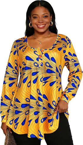Sinono المرأة طويلة الأكمام هينلي تي شيرت زر فضفاضة تناسب الأفريقية Dashiki تونك القمم بلوزة ملابس غير رسمية in Kuwait
