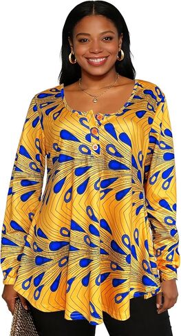Sinono المرأة طويلة الأكمام هينلي تي شيرت زر فضفاضة تناسب الأفريقية Dashiki تونك القمم بلوزة ملابس غير رسمية in Kuwait