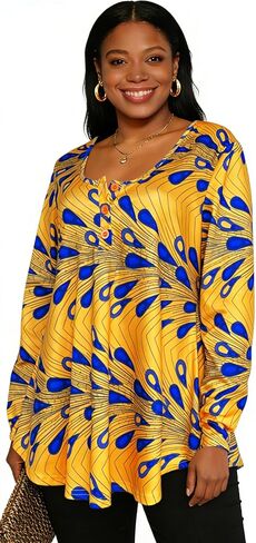 Sinono المرأة طويلة الأكمام هينلي تي شيرت زر فضفاضة تناسب الأفريقية Dashiki تونك القمم بلوزة ملابس غير رسمية in Kuwait
