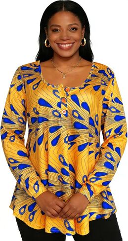Sinono المرأة طويلة الأكمام هينلي تي شيرت زر فضفاضة تناسب الأفريقية Dashiki تونك القمم بلوزة ملابس غير رسمية in Kuwait