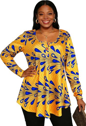 Sinono المرأة طويلة الأكمام هينلي تي شيرت زر فضفاضة تناسب الأفريقية Dashiki تونك القمم بلوزة ملابس غير رسمية in Kuwait