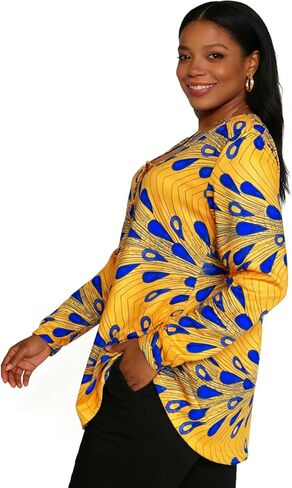 Sinono المرأة طويلة الأكمام هينلي تي شيرت زر فضفاضة تناسب الأفريقية Dashiki تونك القمم بلوزة ملابس غير رسمية in Kuwait