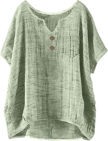 Womens Summer Tops Casual Linen Cotton Tunic Blouse Short Sleeve Button Shirts with Pocket Beach Vacation Tees in Saudi Arabia