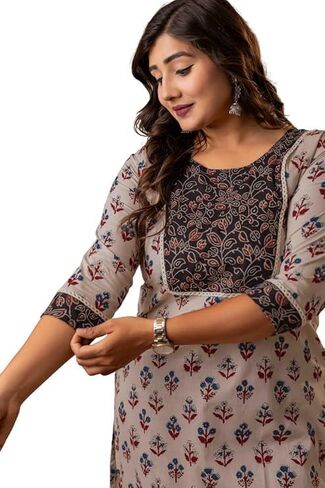 Women’s Cotton Kurti | Cream Indian Tunic Top with Floral Print | Straight Kurta with 3/4 Sleeves in Saudi Arabia