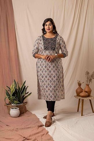 Women’s Cotton Kurti | Cream Indian Tunic Top with Floral Print | Straight Kurta with 3/4 Sleeves in Saudi Arabia