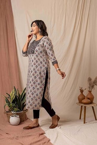 Women’s Cotton Kurti | Cream Indian Tunic Top with Floral Print | Straight Kurta with 3/4 Sleeves in Saudi Arabia