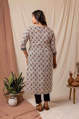 Women’s Cotton Kurti | Cream Indian Tunic Top with Floral Print | Straight Kurta with 3/4 Sleeves in Saudi Arabia