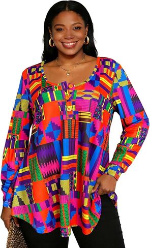 Sinono المرأة طويلة الأكمام هينلي تي شيرت زر فضفاضة تناسب الأفريقية Dashiki تونك القمم بلوزة ملابس غير رسمية in Kuwait