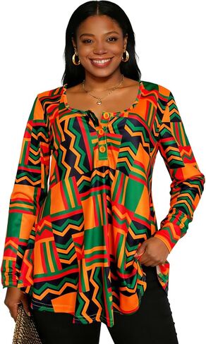Sinono المرأة طويلة الأكمام هينلي تي شيرت زر فضفاضة تناسب الأفريقية Dashiki تونك القمم بلوزة ملابس غير رسمية in Kuwait