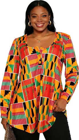Sinono المرأة طويلة الأكمام هينلي تي شيرت زر فضفاضة تناسب الأفريقية Dashiki تونك القمم بلوزة ملابس غير رسمية in Kuwait