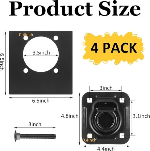 4 Pack Recessed D Ring Tie Down Anchors Heavy Duty, 6,000 lb Break Strength, Trailer Floor Tie Downs and Anchor for Trailer, Truck, Van, Cargo Management, Black in Kuwait