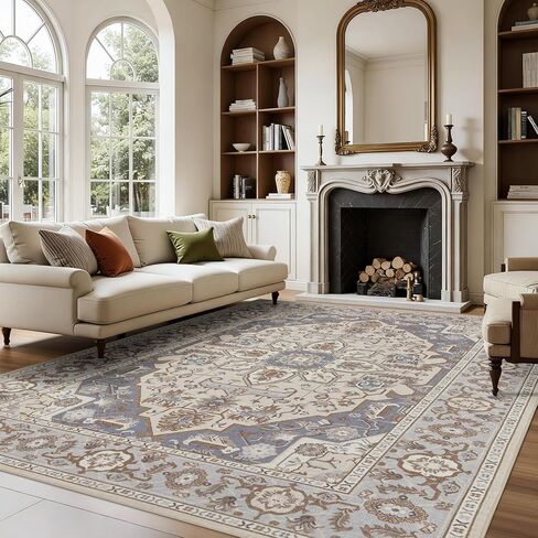 Joydeco 5x7 Area Rugs for Living Room, Non Slip Machine Washable Vintage Rug, Low Pile Chenille Print Rugs for Bedroom, Dining Room, Home Office, Pet & Child Friendly, Blue & Brown & White in Kuwait