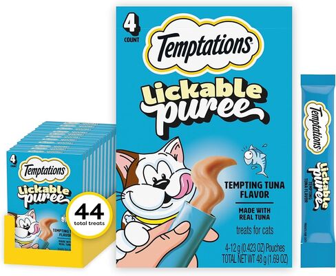 Temptations Creamy Puree with Chicken, Salmon, and Tuna Variety Pack of Lickable, Squeezable Cat Treats, 0.425 Oz Pouches, 24 Count in Kuwait
