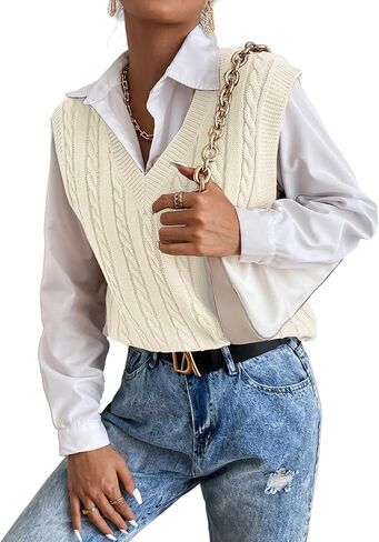 Oversized Sweater Vest for Women V Neck Sleeveless Solid Color Loose Pullover Cable Knit in Saudi Arabia