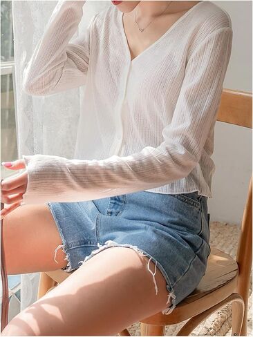 OYOANGLE Women's Cropped Lightweight Cardigan Long Sleeve Button Down Regular Fit Cardigans in Saudi Arabia