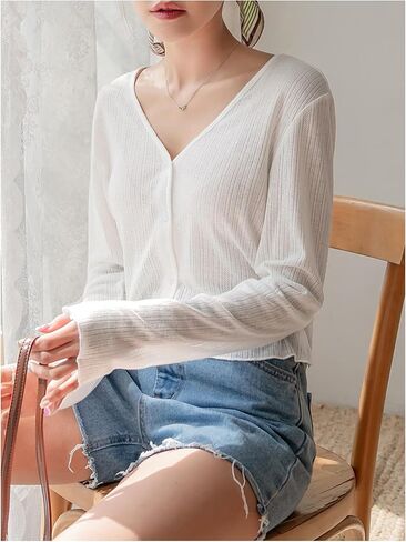 OYOANGLE Women's Cropped Lightweight Cardigan Long Sleeve Button Down Regular Fit Cardigans in Saudi Arabia
